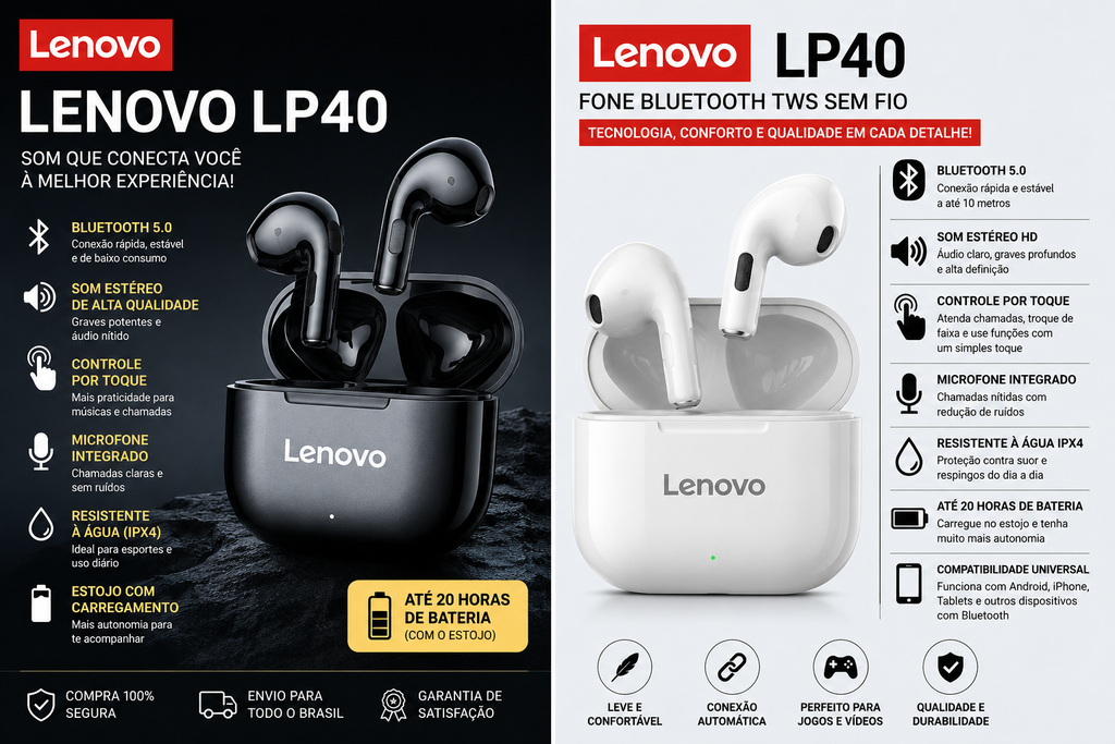 Fone de Ouvido Sem Fio Lenovo LP40 Original | Bluetooth 5.0 | TWS | Controle por Toque | Som Estéreo Hi-Fi | Ideal para Esportes | Compatível com Android e iPhone.
